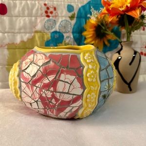 cute vintage stats pasadena mosaic egg heavy ceramic planter/pretty floral tiles